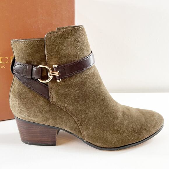 Coach Paulina Block Stacked Heel Suede Ankle Boots Booties Fatigue Chestnut 9 - Picture 1 of 8